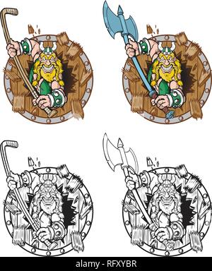Vector cartoon clip art illustration of a viking mascot breaking or crashing through of a wood shield with two options, a battle ax or hockey stick, i Stock Vector