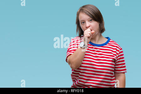 Young adult woman with down syndrome over isolated background feeling unwell and coughing as symptom for cold or bronchitis. Healthcare concept. Stock Photo