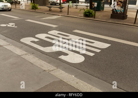 Paris, France 02 June, 2018: Bus sign on the road. Stock Photo