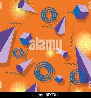 Abstract geometric pattern. Memphis style. Retro, bright colorful. Trendy colors. 3d pyramids, cubes and cones. Composition. Stock Vector