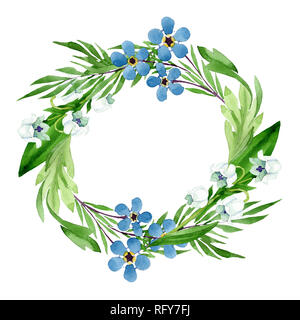 Watercolor wreath of lily of the valley, white flowers and green leaves ...