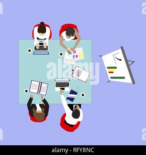Presentation seminar for business team top view. Vector office team meeting, illustration of collaboration meeting, team planning and business trainin