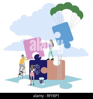 Team building puzzle project. Vector connected puzzle, business systems thinking, puzzle team buisiness, common project problems, people working colla Stock Vector