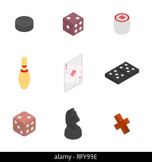 Set of game icons. Items to play dominoes, chess, dice, checkers and lotto. Flat 3D isometric style, vector illustration. Stock Vector