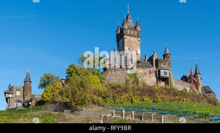 COCHEM, GERMANY - OCTOBER 5, 2018: Panoramic image of the old Cochem castle close to the Moselle river on October 5, 2018 in Germany, Europe Stock Photo