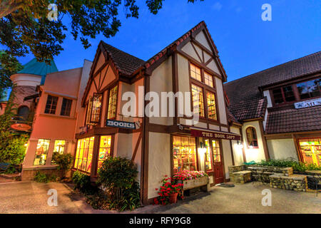 Solvang, California, United States - August 10, 2018: Danish village in California illuminated at evening.Typical architecture of Solvang, famous Stock Photo