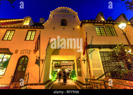 Solvang, California, United States - August 10, 2018: Solvang Olive 1976 building in Mission road, the main street in historic downtown of Solvang Stock Photo