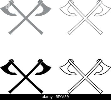 Two battle axes vikings icon set grey black color vector I outline flat style simple image Stock Vector