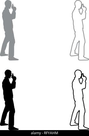 Man with gun Hazard concept icon set grey black color vector I outline flat style simple image Stock Vector