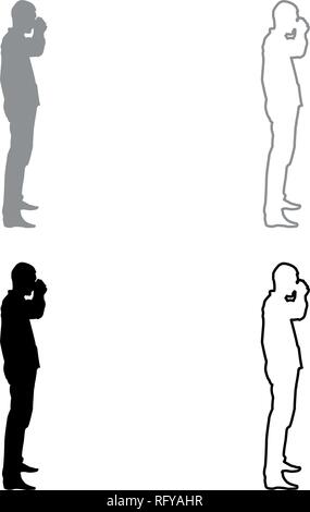 Man drinking from mug standing icon set grey black color vector I outline flat style simple image Stock Vector