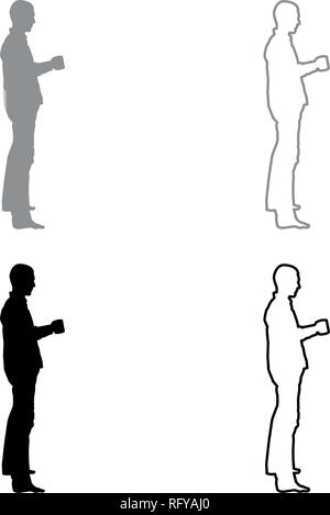 Man with mug standing granata icon set grey black color vector I outline flat style simple image Stock Vector