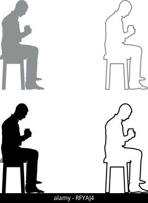 Man holding mug and looking at the contents inside while sitting on stool Concept of calm and home comfort icon set grey black color vector illustrati Stock Vector