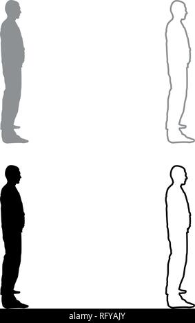 Man stands dressed in work clothes overalls and looks straight icon set grey black color vector I outline flat style simple image Stock Vector