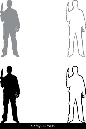 Repairman master man in overalls with tool in his hands electric drill View with front icon set grey black color vector I outline flat styl Stock Vector