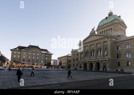 The Swiss Federal Parliament, and at the far end of Federal square (Bundesplatz) is the Headquarters of the Swiss National Bank (SNB) in Bern, Switzer Stock Photo