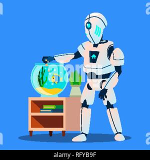 Robot Feeds Beautiful Fish In Aquarium Vector. Isolated Illustration Stock Vector