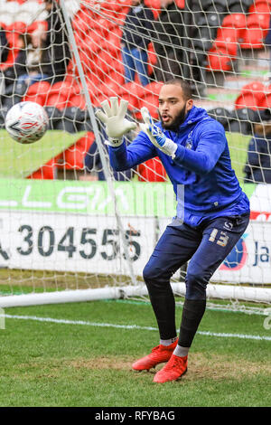 26th January 2019, Keepmoat Stadium, Doncaster, England; The Emirates FA Cup, 4th Round, Doncaster Rovers vs Oldham Athletic ; Zeus de la Paz (13) of Oldham warming up  Credit: John Hobson/News Images  English Football League images are subject to DataCo Licence Stock Photo