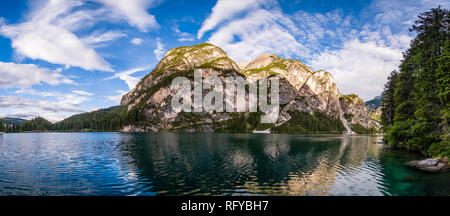 Panoramic view on Lake Prags, Lake Braies, Pragser Wildsee, Lago di Braies Stock Photo