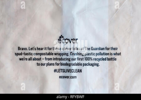 Compostable bag for Guardian magazine.  Made from biodegradable potato starch to reduce plastic pollution. Stock Photo