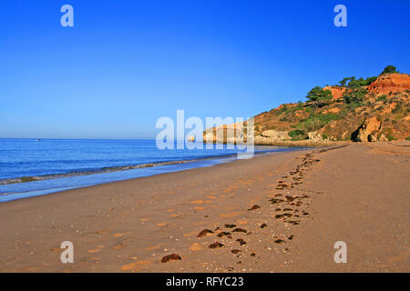 Chilling and walking at a nice beach called Praia da Falesia in Portugal. Sunrise on the loneliness quiet beach is so relaxing. Stock Photo