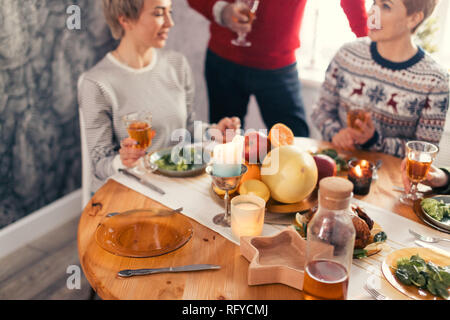 two awesome female twins celebrating winter holidays at home Stock Photo