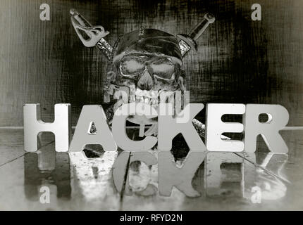 the word HACKER with reflection  solarized monochrom image Stock Photo