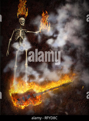 Bass guitar and skeleton in fire Stock Photo