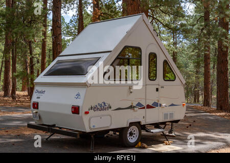 A Chalet RV Arrowhead  LTW A-frame trailer set up in the North Rim Campground, Grand Canyon, North Rim, Arizona, United States. Stock Photo