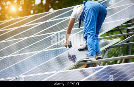 Construction worker connecting photo voltaic panel to solar system using screwdriver on shiny surface and lit by sun green tree background. Alternativ Stock Photo