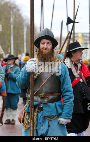 A member of the English Civil War Society seen re-enacting during the commemoration of the execution of Charles I, who was taken by the King's Army from St James Palace to the Banqueting House in Whitehall, for his execution on 30th January 1649. Stock Photo