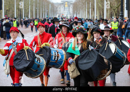 Members of the English Civil War Society are seen re-enacting during the commemoration of the execution of Charles I, who was taken by the King's Army from St James Palace to the Banqueting House in Whitehall, for his execution on 30th January 1649. Stock Photo