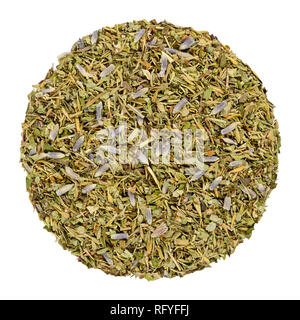 Dried Herbes de Provence, herb circle from above. Disc, made of herbs of the Provence, France. Savory, rosemary, thyme, lavender, oregano and marjoram. Stock Photo