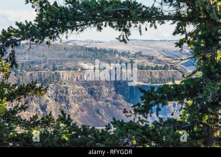 Columbia River Basalt cliffs on Washington State side of Columbia River, viewed from Oregon State-side. Stock Photo