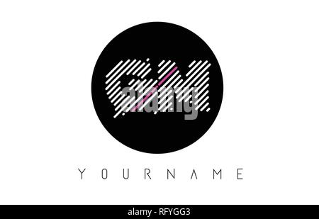 GM Letter Logo Design with White Lines and Black Circle Vector Illustration Stock Vector