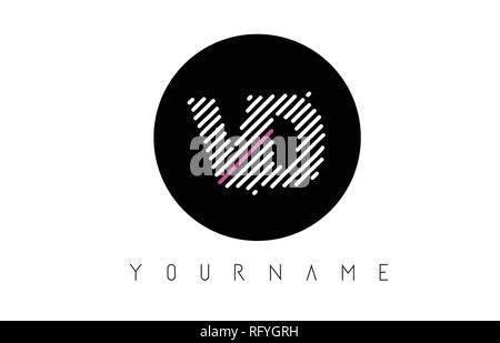 VD Letter Logo Design with White Lines and Black Circle Vector Illustration Stock Vector
