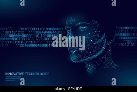 Low poly female human face biometric identification. Recognition system concept. Personal data secure access scanning innovation technology. 3D Stock Vector