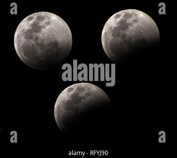 Total Lunar Eclipse 2019 - various partial phases Stock Photo