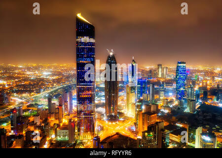 Kuwait Tower City Skyline glowing at night, taken in Kuwait in December 2018 taken in hdr Stock Photo