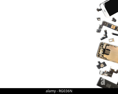 Flat Lay (Top view) of smart phone components isolate on white background with copy space Stock Photo