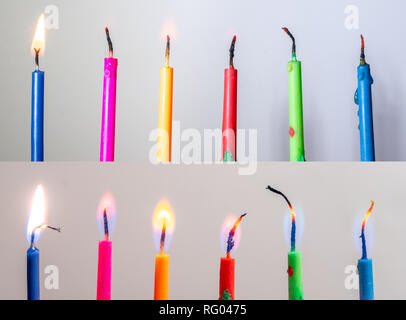 Multiple Colors Birthday Candles Lit Up over time Stock Photo