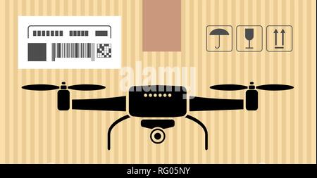 Mock up of drone or quadrocopter in carton box. Moving and delivery services. Vector illustration Stock Vector