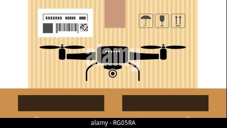 Mock up of drone or quadrocopter in carton box. Moving and delivery services. Vector illustration Stock Vector