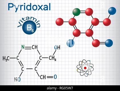 Pyridoxal molecule, is a vitamin B6. Structural chemical formula and molecule model. Sheet of paper in a cage. Vector illustration Stock Vector