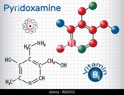 Pyridoxamine molecule, is a vitamin B6. Structural chemical formula and molecule model. Sheet of paper in a cage. Vector illustration Stock Vector