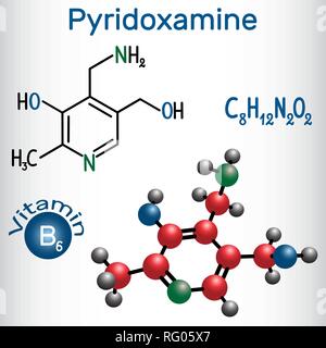 Pyridoxamine molecule, is a vitamin B6. Structural chemical formula and molecule model. Vector illustration Stock Vector
