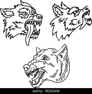 Set of wolf illustration in line style. Design element for emblem, sign, poster, t shirt. Vector illustration Stock Vector