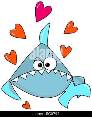 Light Blue lovely shark on a white background with orange hearts. Congratulations on Valentines Day. Cute cartoon character to print postcards, on Stock Vector
