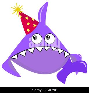 Party Shark cartoon sea animal purple shark on a white background in a red cap with yellow stars. Cartoon character for printing on clothes or cards Stock Vector