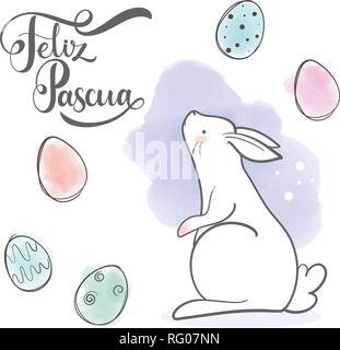 Cute rabbit in cartoon style. Happy Easter on french. Hand drawn lettering. Vector illustration. Elements for greeting card, poster, banners. T-shirt, Stock Vector