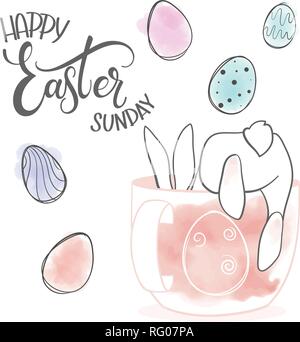 Cute rabbit in cartoon style. Easter theme. Hand drawn lettering. Vector illustration. Elements for greeting card, poster, banners. T-shirt, notebook  Stock Vector